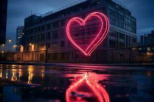 A neon heart sign stands out on a city street, embodying love AI Generated photo