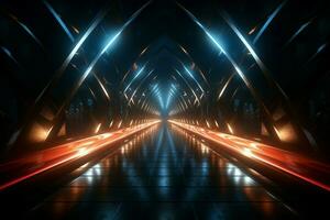 A 3D rendering showcases a dark tunnel illuminated by striking glowing light AI Generated photo