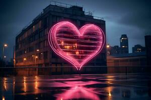 neón corazón símbolo brilla en el ciudad noche, representando amor y unidad ai generado foto
