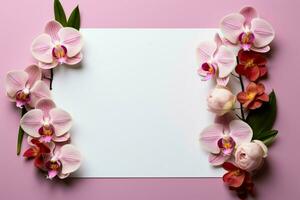 Pastel pink backdrop with two orchids framing an empty white paper for text AI Generated photo