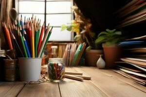 Prepare for art class in style with a kids creative workspace setup AI Generated photo