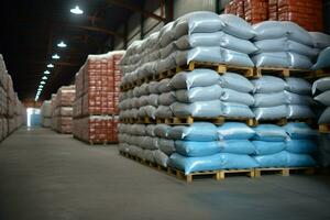 Sacks of chemical fertilizer neatly stacked in the warehouse, ready for shipment AI Generated photo