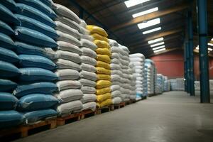Sacks of chemical fertilizer neatly stacked in the warehouse, ready for shipment AI Generated photo