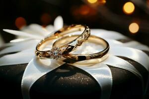 Shiny silver and gold wedding rings on a bokeh background, radiating elegance AI Generated photo