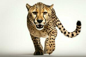 rápido leopardo en movimiento, lente enfocado, conjunto en contra un blanco fondo ai generado foto