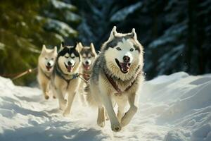 Sled dog race a determined husky dashes through the snowy wilderness AI Generated photo