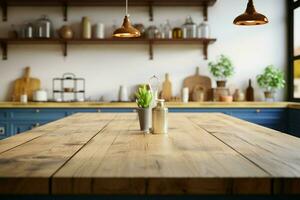 A rustic wooden table atop a blurred kitchen counter and white wall AI Generated photo