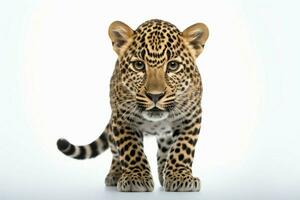 Striking image a leopard photographed against a clean, white backdrop AI Generated photo
