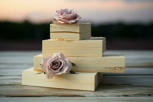 Sunset beach wedding featuring a beautifully adorned cake as the centerpiece AI Generated photo