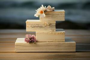 Sunset beach wedding featuring a beautifully adorned cake as the centerpiece AI Generated photo