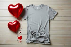 Valentines Day mockup Gray t shirt, heart balloons, wooden background, copy space AI Generated photo