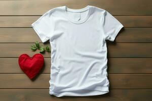 Valentines Day fashion White t shirt mockup, heart shaped gift box, wooden background AI Generated photo