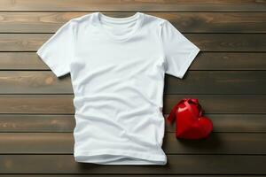 Valentines Day white t shirt mockup with heart shaped gift box on wooden background AI Generated photo