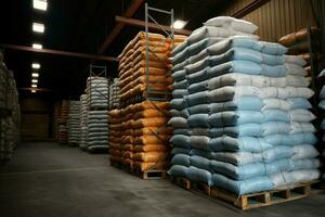 Warehouse stockpile Stacked sacks of chemical fertilizer await their delivery journey AI Generated photo