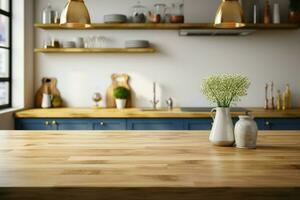Wooden table and a blurred kitchen counter against a white wall AI Generated photo
