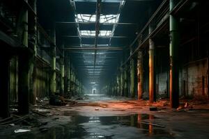 dentro el abandonado industrial estructura mentiras un fantasía inspirado, enigmático interior ambiente ai generado foto