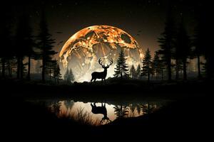 A tranquil night scene A deers silhouette framed by a majestic moon AI Generated photo