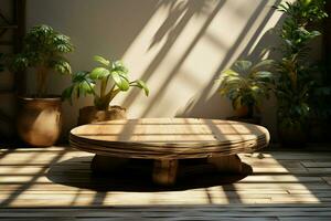 A wood podium table bathed in sunlight exudes warmth and timeless elegance AI Generated photo