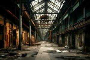 An eerie, abandoned industrial building transformed into a fantastical interior setting AI Generated photo