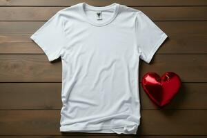 Blank front view t shirt template, heart shape on wooden background, flat lay AI Generated photo