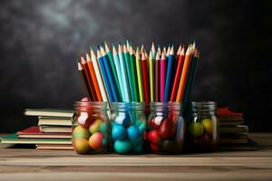 Artistic back to school setup for kids, complete with supplies and watercolor pencils AI Generated photo