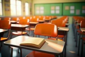 Blurred view of an empty elementary classroom with chairs, devoid of students AI Generated photo