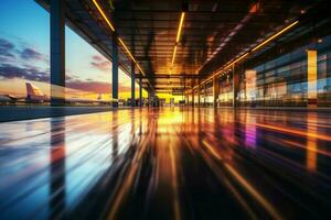 Blurred background airport scene, featuring international terminal image AI Generated photo