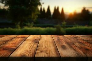 borroso fondo mejora el natural calor de un de madera mesa superficie ai generado foto