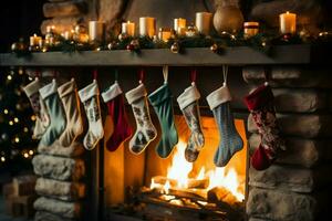 By the warm fireplace, Christmas stockings dangle, awaiting holiday delights AI Generated photo