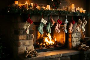 By the warm fireplace, Christmas stockings dangle, awaiting holiday delights AI Generated photo
