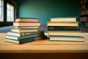 Books neatly arranged on a classrooms wooden counter, teaching the art of perspective AI Generated photo