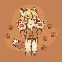 Anime chibi boy with animal ears and tail. vector