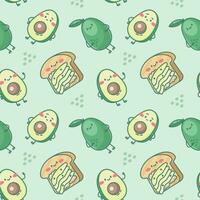 Seamless pattern with cute avocado characters and toast with avocado slices. vector