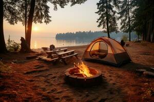 campsite in the beach in the morning view advertising landscape photography ai generated photo