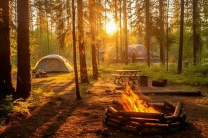 cámping en el playa en el Mañana ver publicidad paisaje fotografía ai generado foto