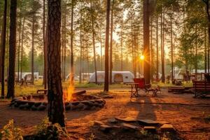 cámping en el playa en el Mañana ver publicidad paisaje fotografía ai generado foto