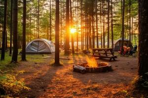 cámping en el playa en el Mañana ver publicidad paisaje fotografía ai generado foto