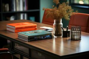 Close Up of a minimalist office desk with book and supplies ai generated photo