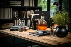 Close up of a modern office desk with book and supplies ai generated photo