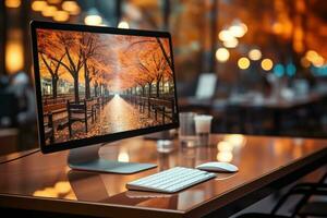 Close up of a modern office desk with computer and supplies ai generated photo