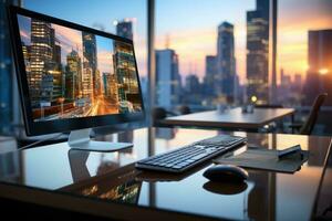 Close up of a modern office desk with computer and supplies ai generated photo