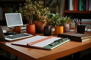 Close up of a modern office desk with paper and supplies ai generated photo