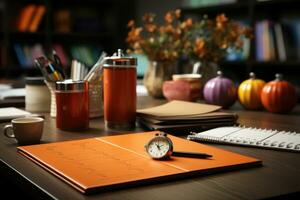 Close up of a modern office desk with paper and supplies ai generated photo