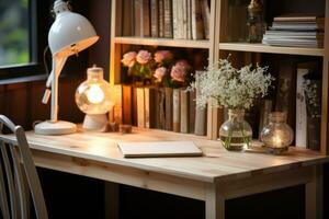 Close up of a scandinavian office desk with book and supplies ai generated photo