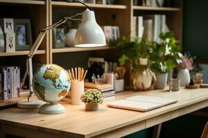 Close up of a scandinavian office desk with book and supplies ai generated photo