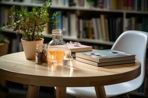 Close up of a scandinavian office desk with book and supplies ai generated photo