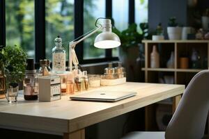 Close up of a scandinavian office desk with stationery and supplies ai generated photo