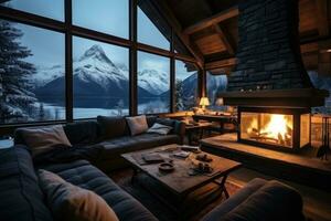 View of snow mountains in winter from inside the cabin advertising photography photo