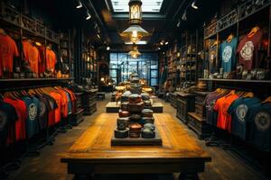 inside tshirt store display room view industrialist style AI Generative photo