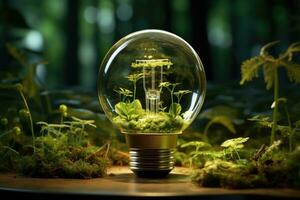 verde energía ligero bulbo con brote dentro naturaleza ai generativo foto